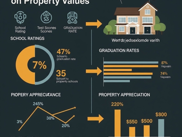 "A suburban family walking near a school zone with 'For Sale' sign in front of homes, highlighting property value impact."