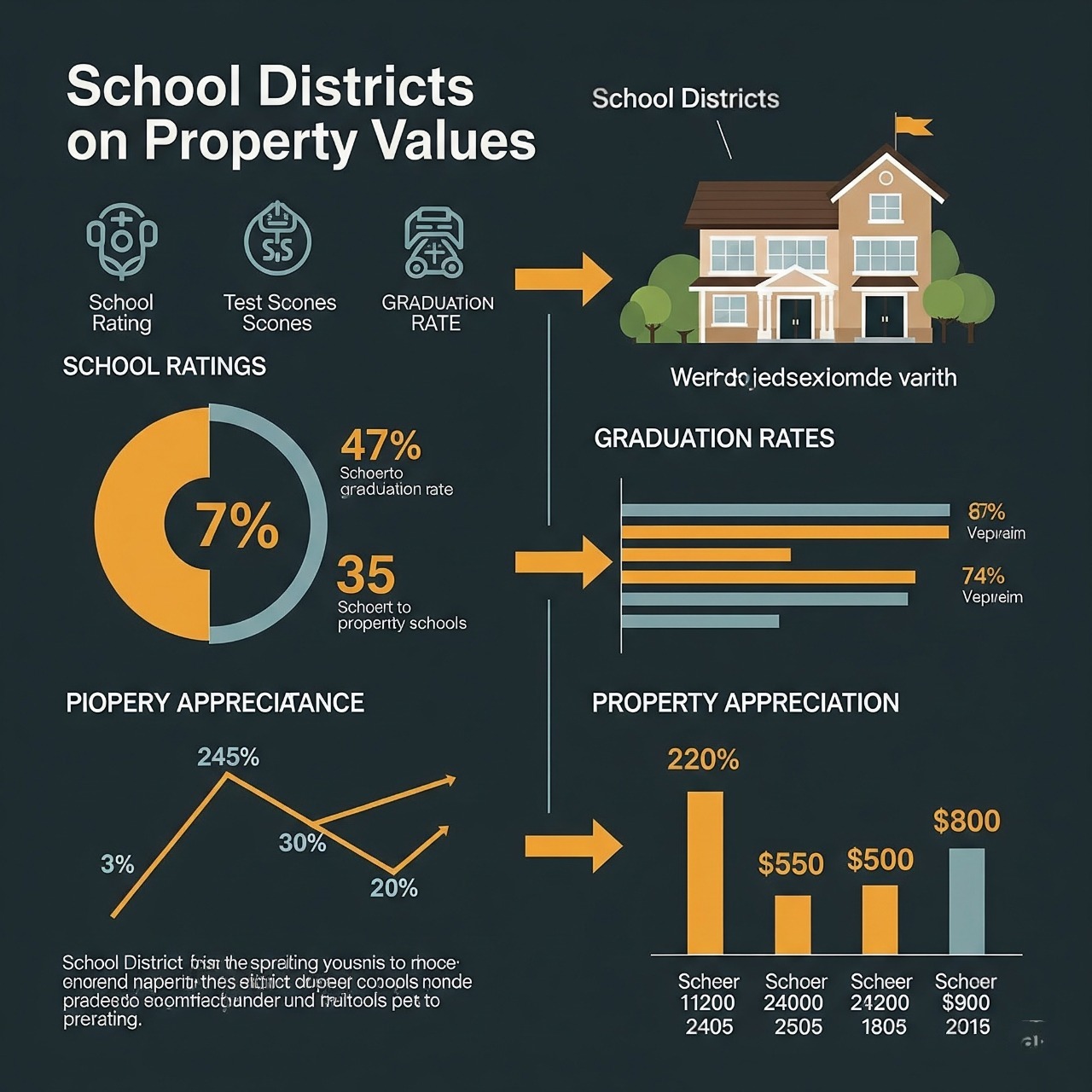 "A suburban family walking near a school zone with 'For Sale' sign in front of homes, highlighting property value impact."