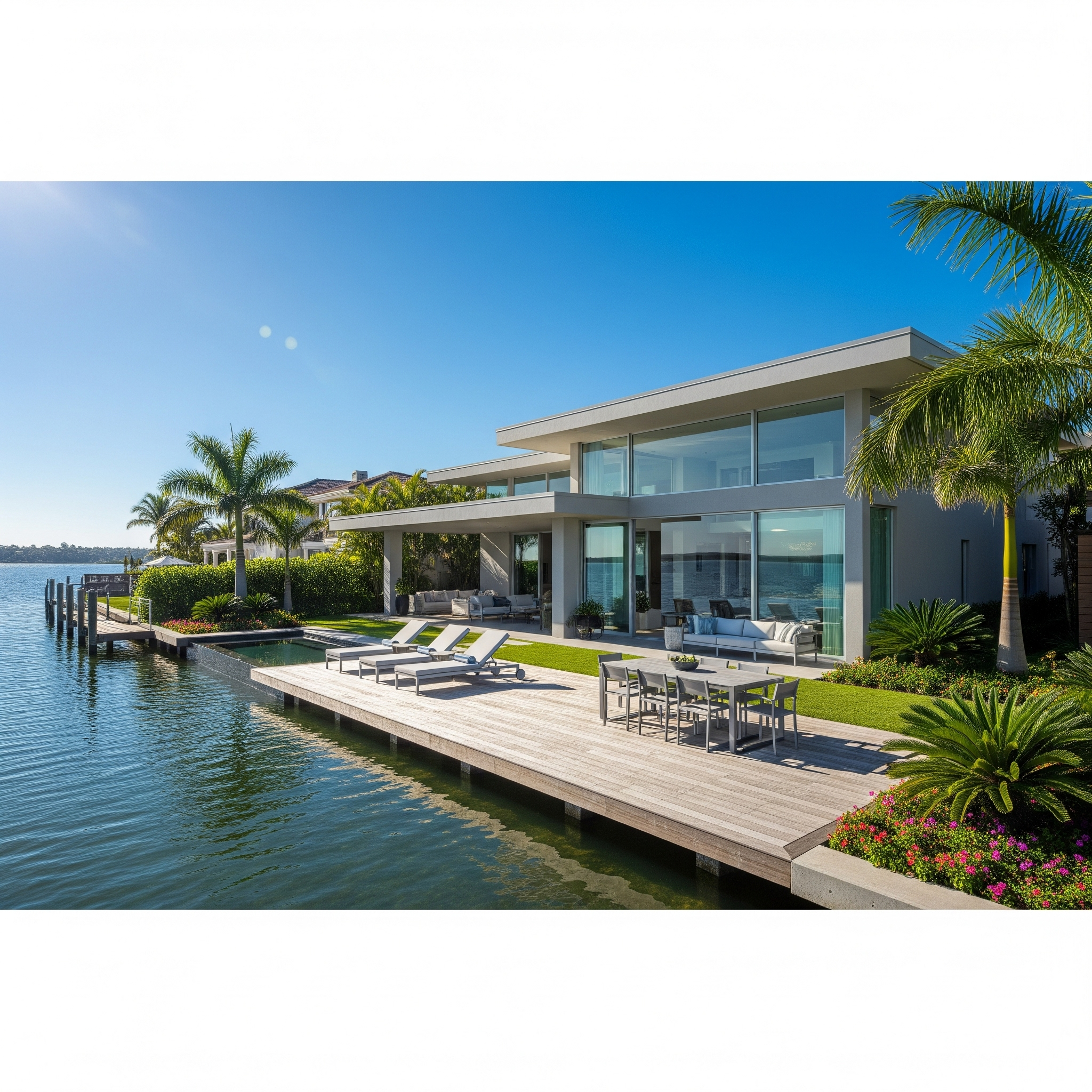 Scenic view of modern waterfront Flats in KR Puram surrounded by greenery and a peaceful lake, reflecting serene urban living.