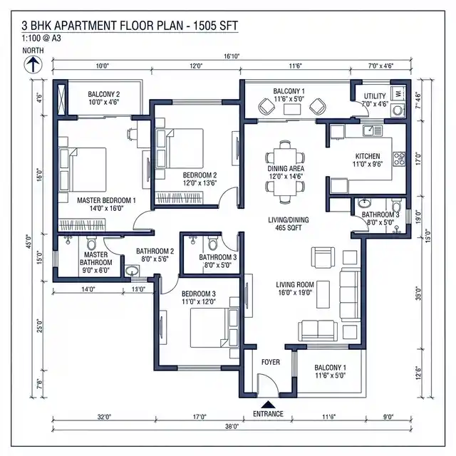 3 BHK Floor Plan at Sri Sathvik Nandanam CV Raman Nagar