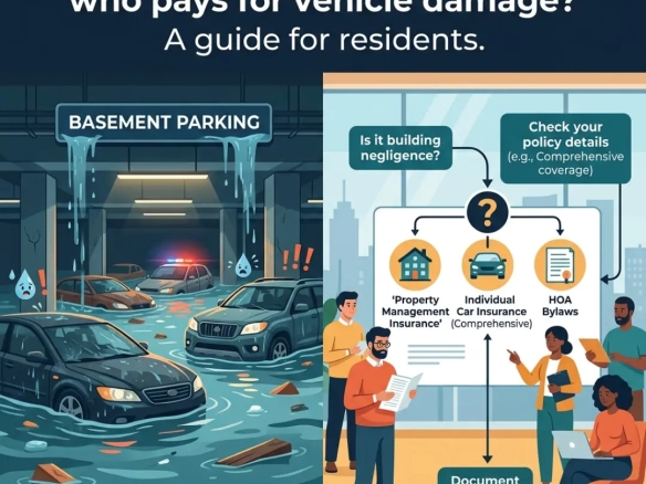 Flooded basement parking with submerged cars explaining car damage responsibility by Globes Properties and SLV Sunshine in Jakkur.