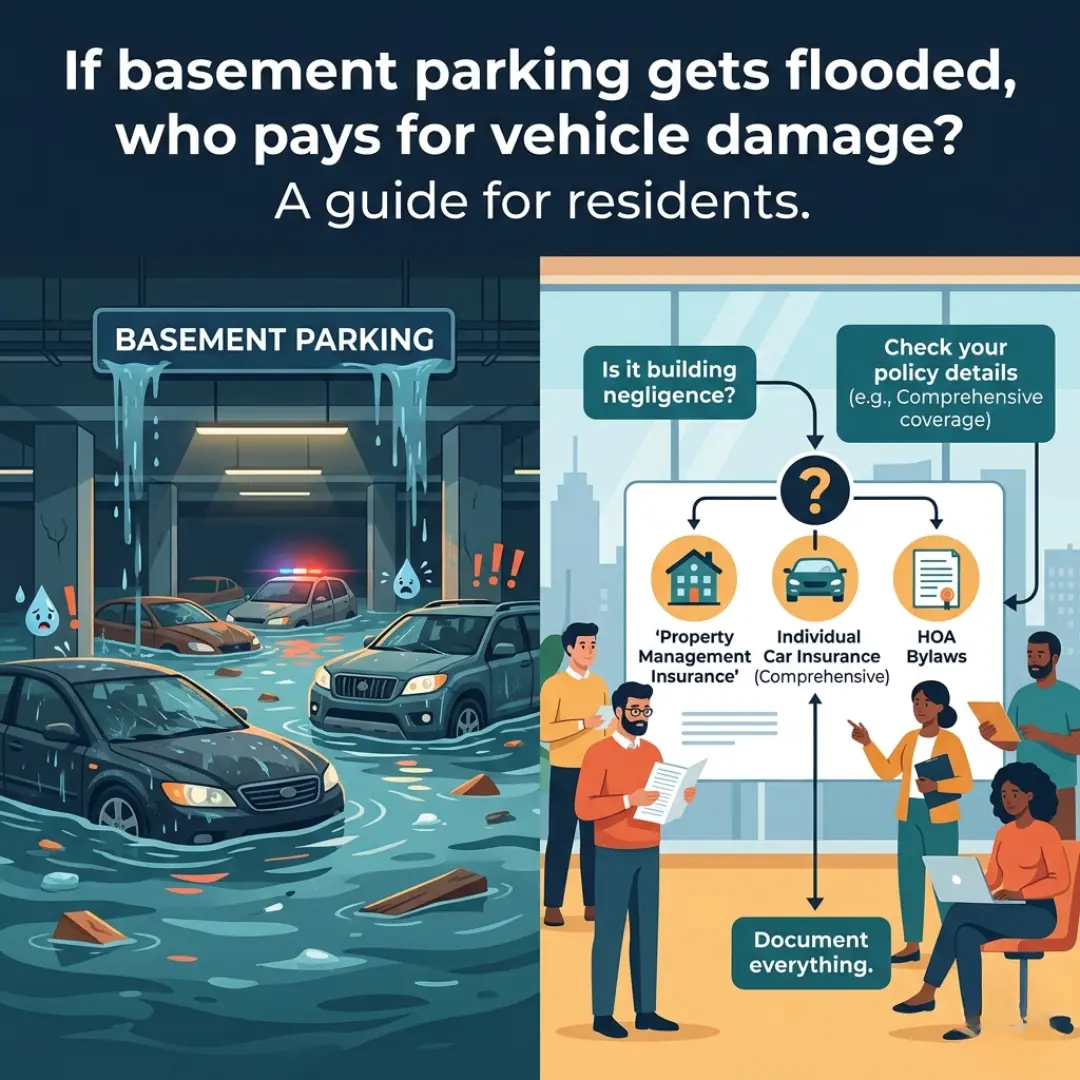 Flooded basement parking with submerged cars explaining car damage responsibility by Globes Properties and SLV Sunshine in Jakkur.
