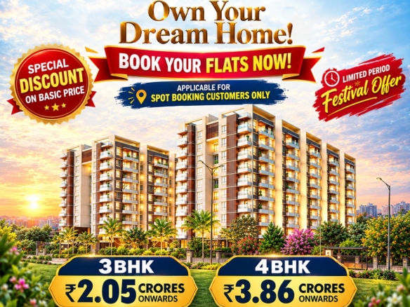 Dussehra Sale offers on 3 BHK flats starting at ₹2.05 Cr and 4 BHK flats at ₹3.86 Cr in Rachenahalli, near Manyata Tech Park, Bangalore.